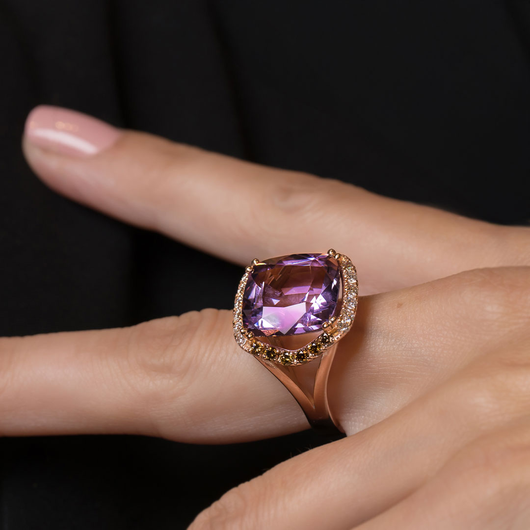 robin Amethyst Champagne Diamonds Rose Gold Ring 1080 RW