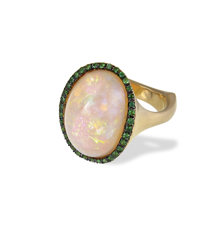 CASE Award for Jewelry $5,001 to $10,000 (retail) 9.26 carat opal ring surrounded by 36 tsavorites (0.38 ctw) set in 18K yellow gold. Ricardo Basta Fine Jewelry , Los Angeles, CA Designed by Ricardo Basta