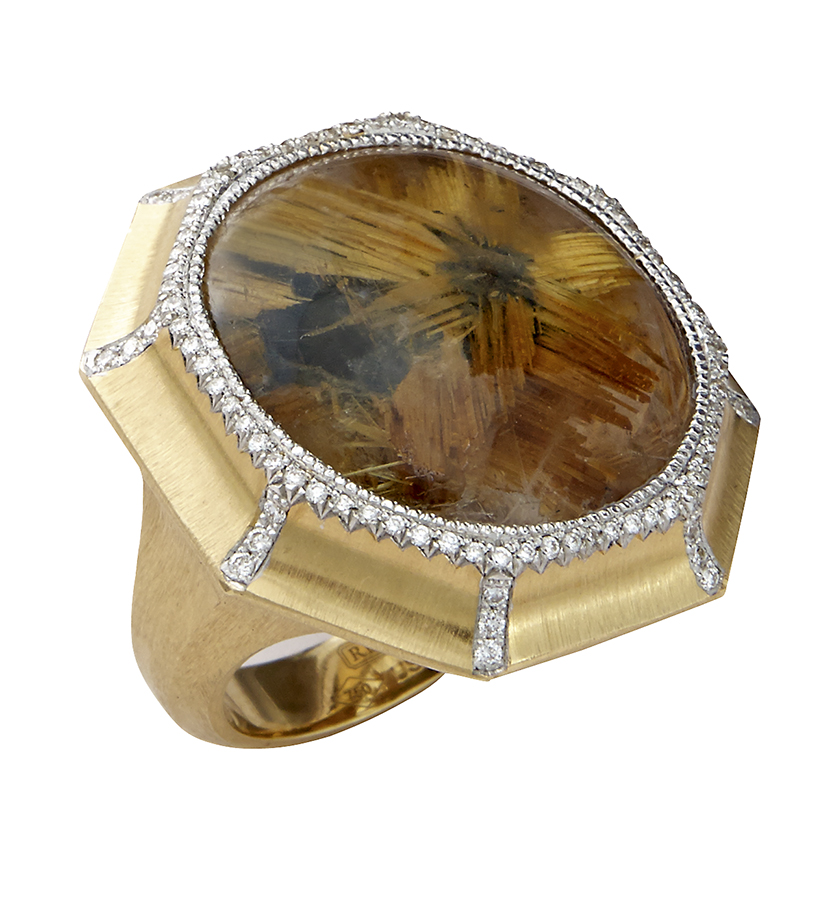 Jewelry $2,001 to $5,000 18K yellow gold hand carved ring featuring a center set natural golden rutilated quartz cabochon (21.18 ctw) and 92 round brilliant cut diamonds (0.28 ctw). Diamonds are highlighted with rhodium plating. Jeweler: Ricardo Basta Ricardo Basta Fine Jewelry Los Angeles, CA