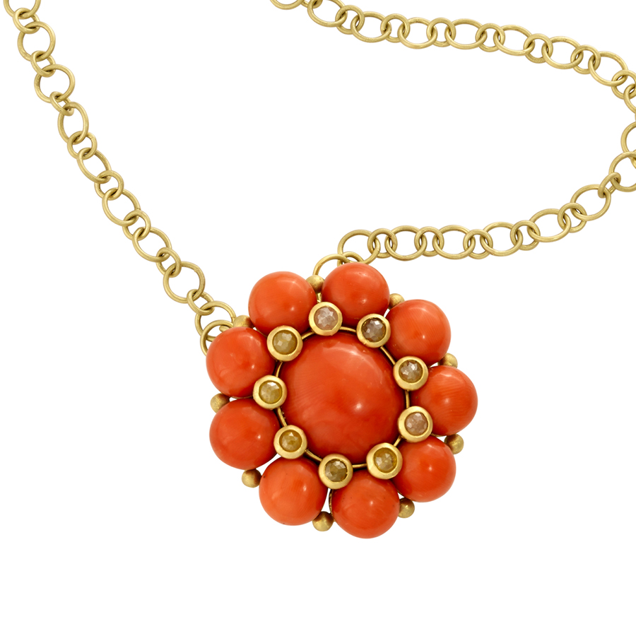 Jewelry $5,001 to $10,000 18K gold handcrafted vintage coral and diamond pendant with a center coral cabochon, coral beads, and rose cut milky diamonds. Jeweler: Faye Kim Faye Kim Designs Westport, CT