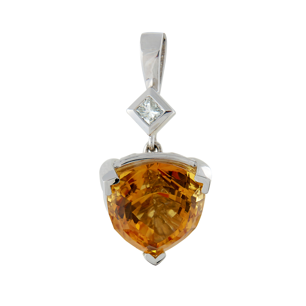 People's Choice 14K white gold pendant with a precision cut Trillion Madeira Citrine center stone accented by a .15ct princess cut diamond bail with full filligree basket setting. Jeweler: Bernie Benavidez Master Jewelers, Inc. Rochester, MN