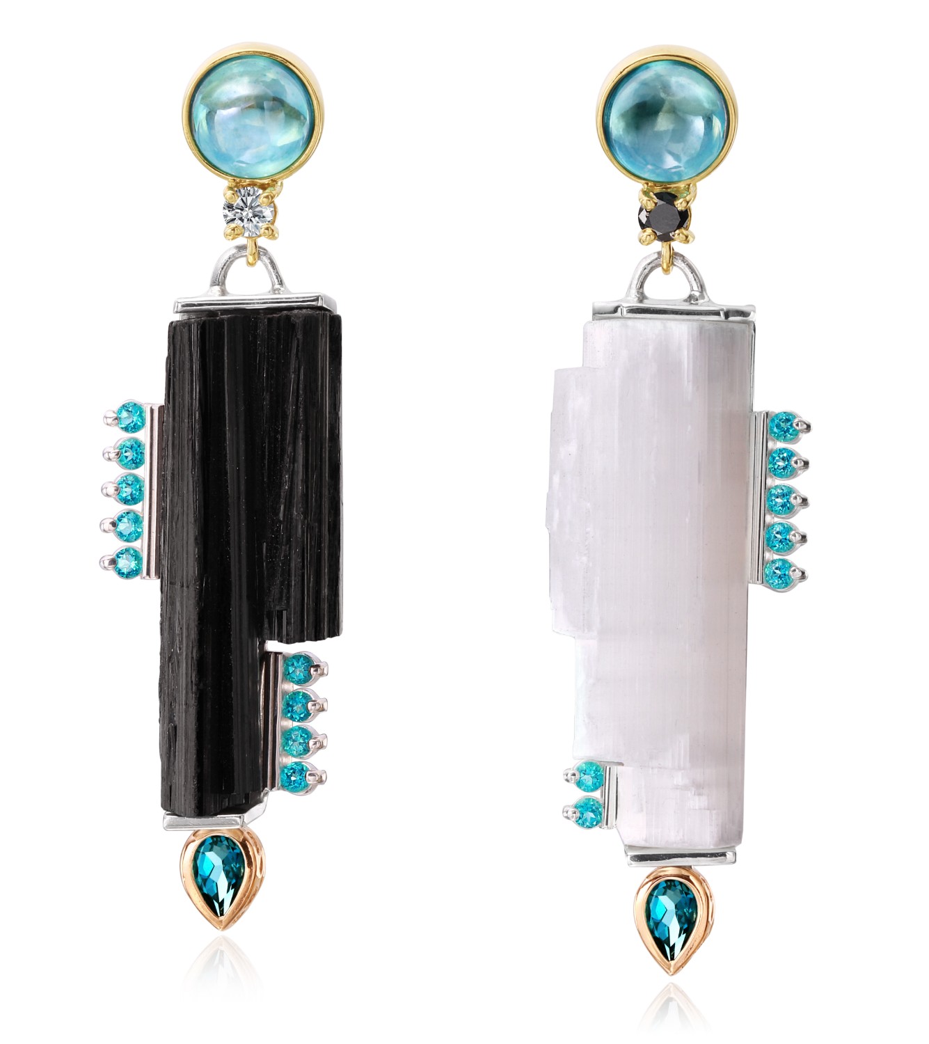 Jewelry Up to $2,000, First Place Sterling silver and 14K yellow gold earrings with rough Selenite crystal and rough black tourmaline crystal, accented with bezel set rainbow topaz cabochon, topaz, London Blue Topaz and diamonds. Jeweler: Chris Jensen C3 Designs South Milwaukee, MI