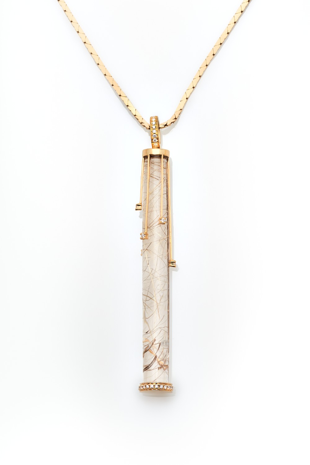 Retailer: Jewelry Up to $2,000 Rutilated quartz necklace (30.47 carats) with 36 full cut diamonds (0.21ct. VS1 G color) set in 18K yellow gold Jeweler: Ziad H. Noshie Almaza Jewelers Houston, TX