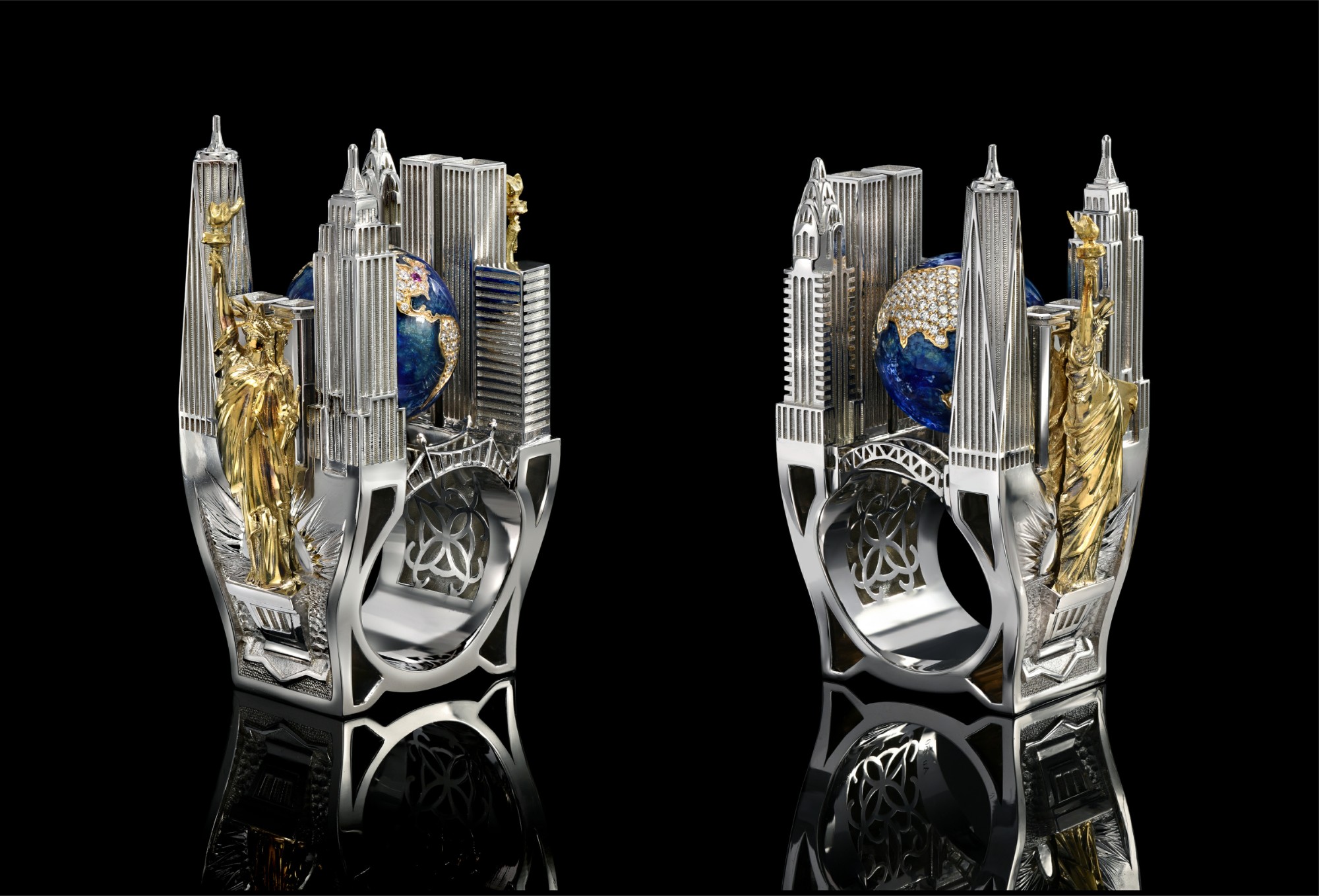 Supplier: Jewelry $10,001 to $50,000 18K white and yellow gold New York ring with white brilliant cut diamonds (1.5 ct) and one ruby Jeweler: Jack Ferrero Jack Ferrero Inc. Los Angeles, CA