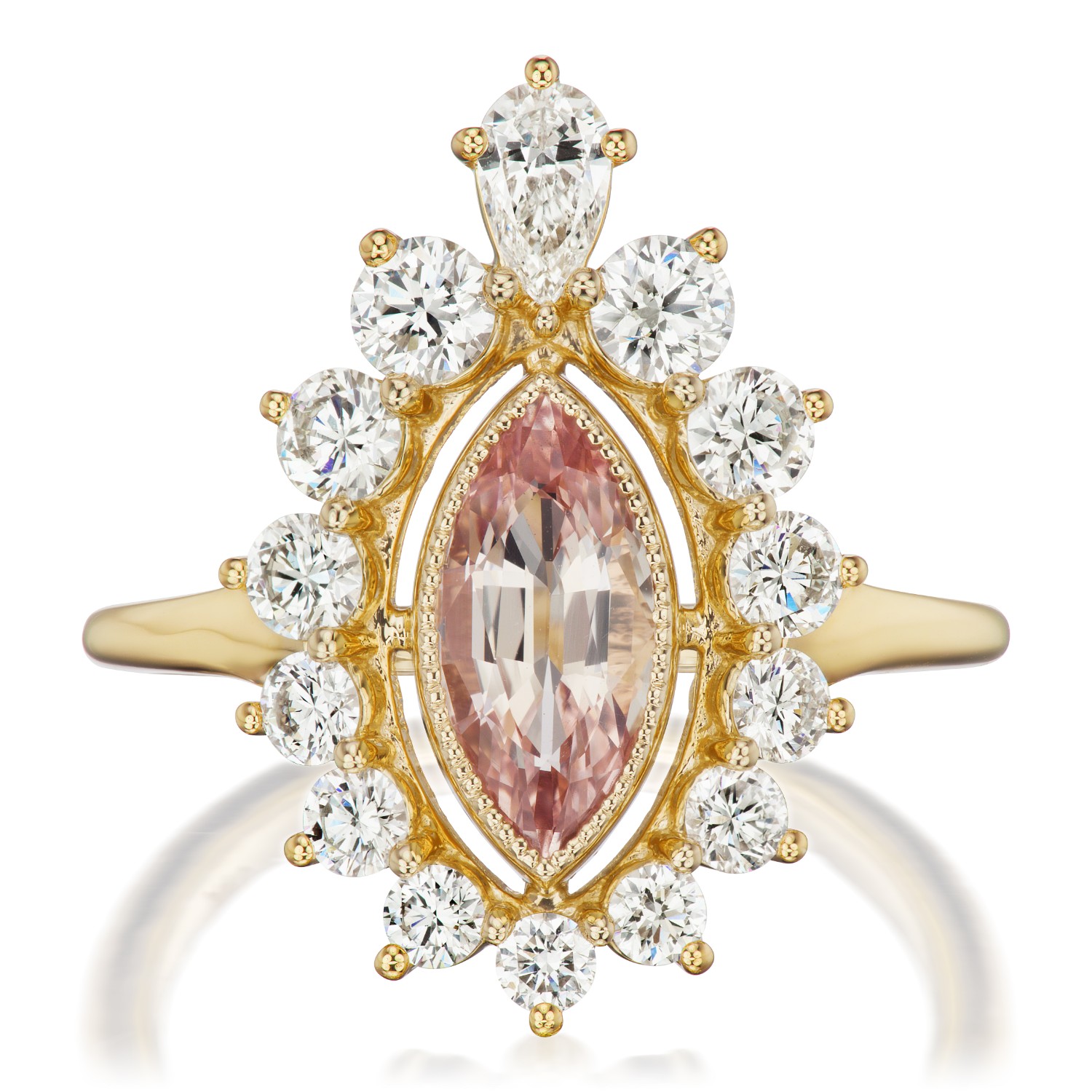 Retailer: Jewelry $5,001 to $10,000 14K yellow gold ring with 1.33 ct marquise faceted Padparadscha sapphire with graduating round diamonds (1.12 ctw) Jeweler: Mary Herouvis Greenwich St. Jewelers New York, NY