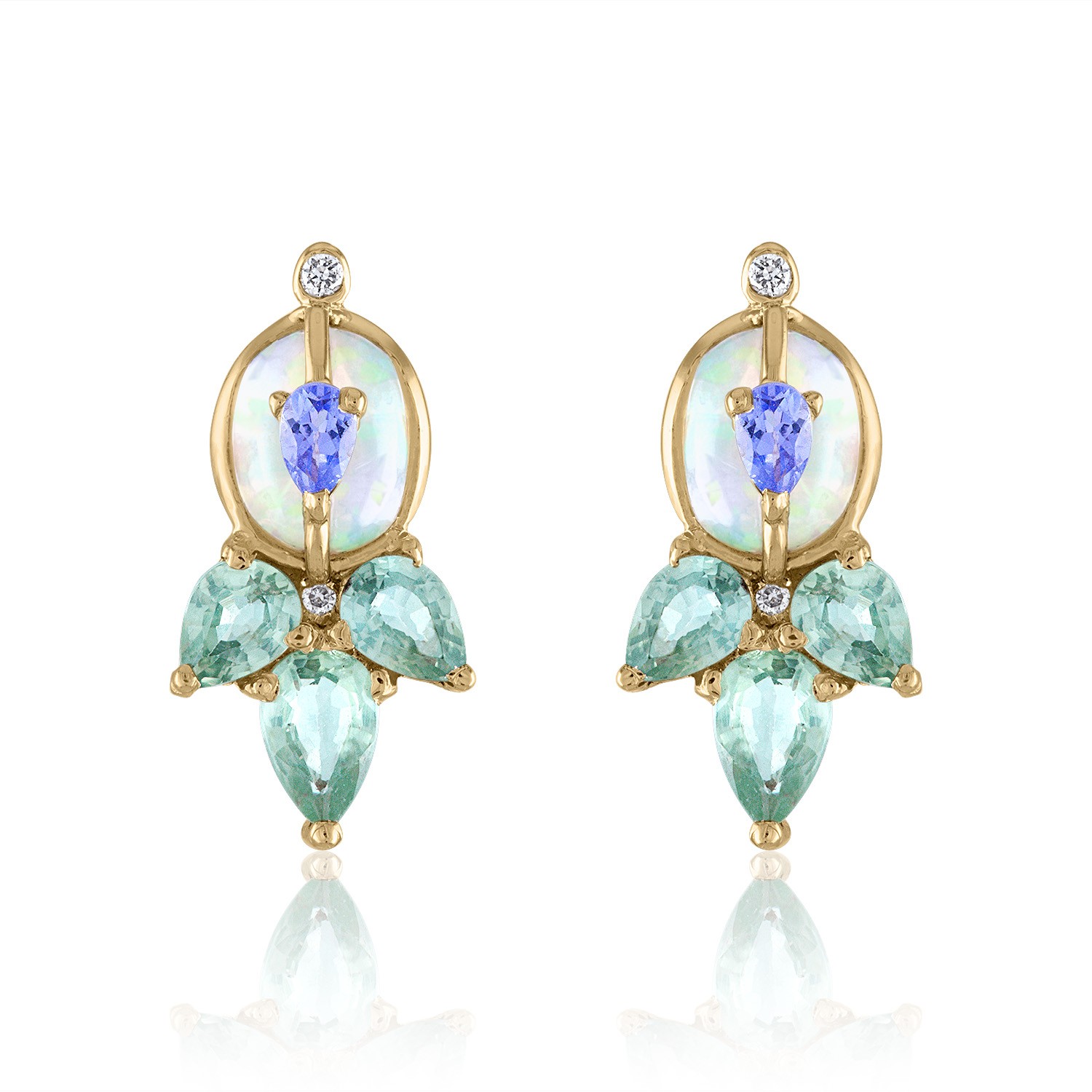 Supplier: Jewelry up to $2,000 Stud earrings with Ethiopian opal layered with tanzanite, green sapphires and diamonds set in 14K gold Jeweler: Lori Friedman Loriann Jewelry Westport, CT