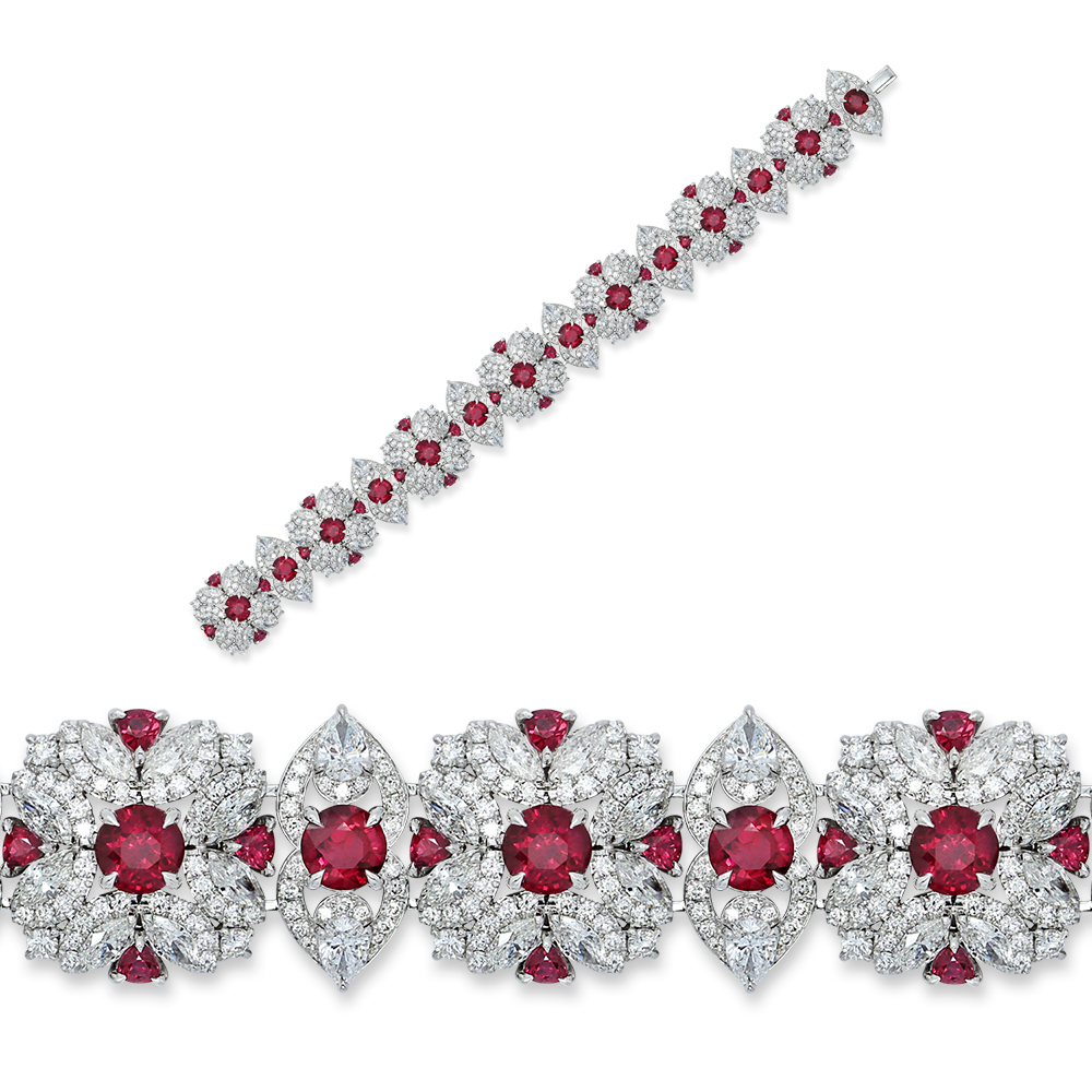Bracelets $5,001 and Up Bracelet in 18K white gold set with 14 brilliant cut rubies (14.90 ctw), 30 trillion cut rubies (4.52 ctw), 56 marquise cut diamonds (7.99 ctw), 14 pear-shaped diamonds (2.77 ctw), and 490 brilliant cut diamonds (4.76 ctw) Designed by: Heena Shah Valani New York, NY $345,000