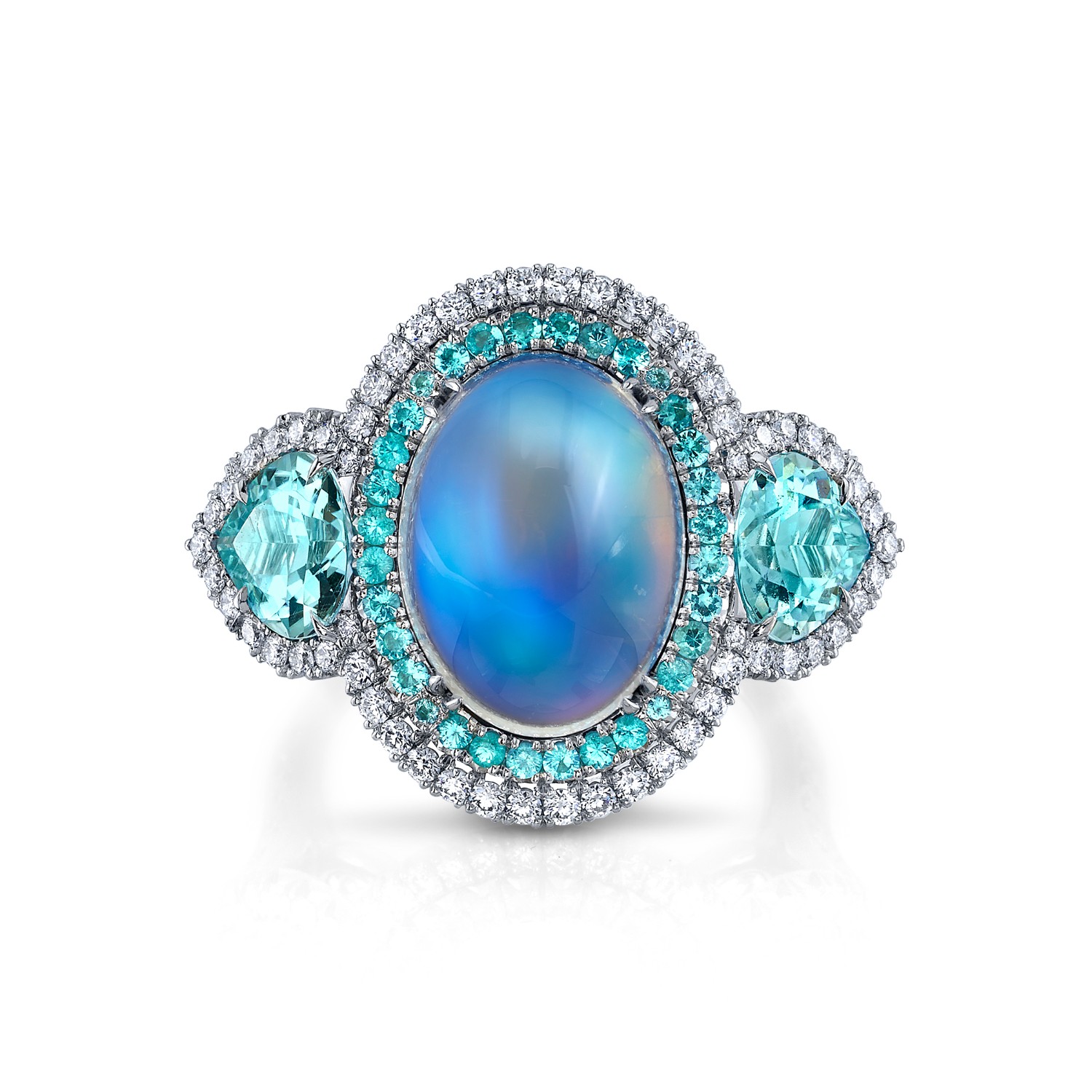 Engagement Rings $5,001 and Up Platinum ring featuring an 8.86 carat oval blue moonstone accented by pear-shape Paraíba-Type Tourmalines (1.10 ctw), round Paraíba tourmalines (0.34 ctw) and round diamonds (0.96 ctw) Designed by: Niveet Nagpal Omi Privé West Covina, CA $34,000