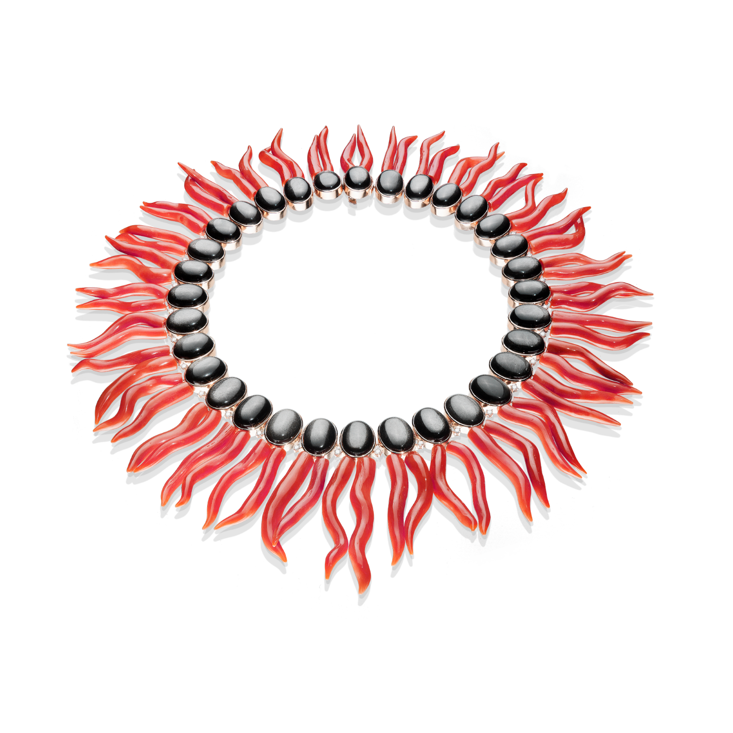Necklaces $5,001 and Up (Two first-place winners) Necklace made of red Mediterranean coral branches, silver sheen obsidian cabochons (227.96 ctw) and brilliant cut diamonds (1.09 ctw), set in 18K rose gold Designed by: Hans Schullin Schullin Graz, Austria $22,500