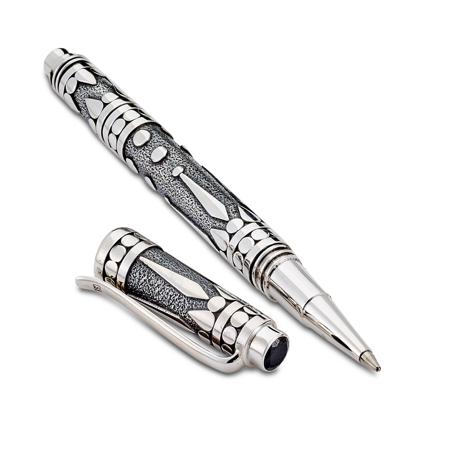 Other (non-jewelry items made of precious metals or stones, any price) Oxidized sterling silver ballpoint pen with faceted black spinel endcap Designed by: Samuel Behnam and Neda Behnam Samuel B. Collection Great Neck, NY $417