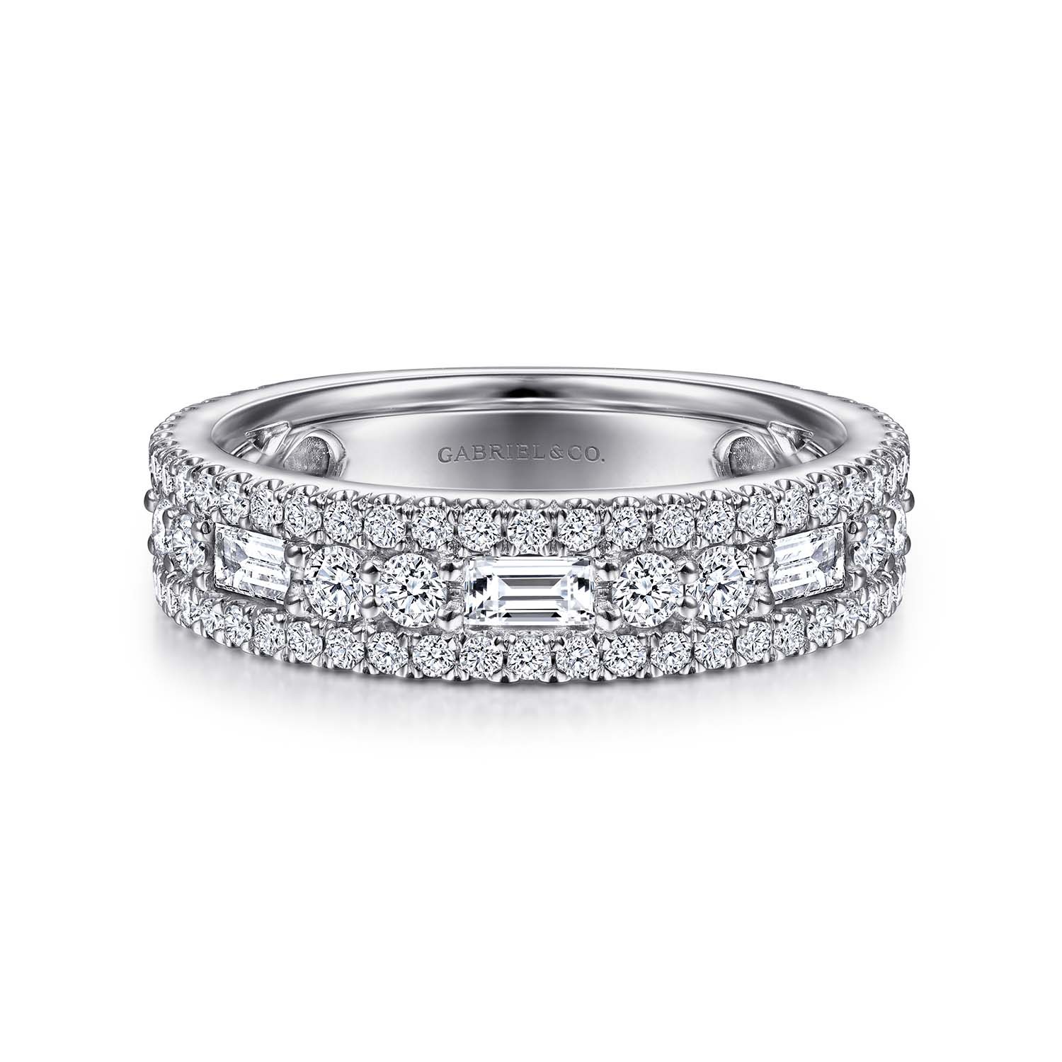 Wedding Bands $5,001 and Up 14K white gold wide anniversary band with round and baguette diamonds (1.37 ctw) Designed by: Gabriel & Co. Gabriel & Co. New York, NY $2,265
