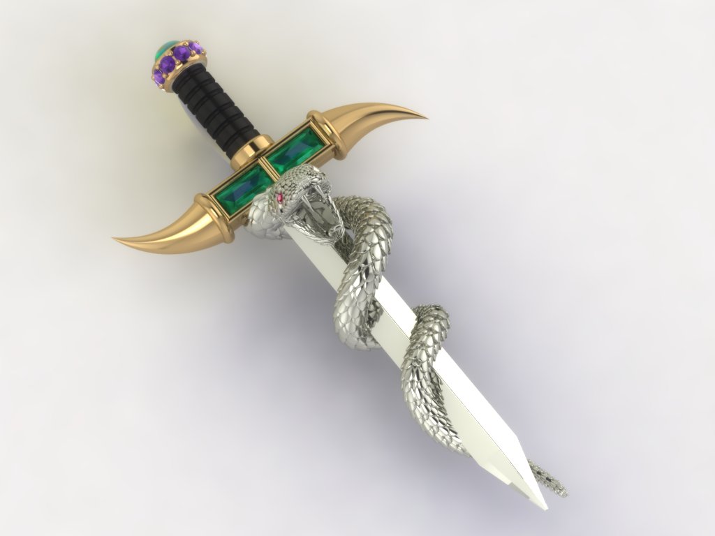 Retailer: Best in Show 14K white and yellow gold Snake dagger pendant with black jade inlay handle, opal, amethyst, emerald, and ruby eyes Designed by: David Kirk Rogers Jewelry Co. Elk Grove, CA $4,900