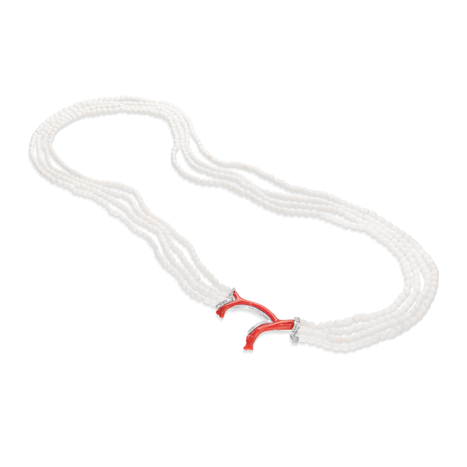 Retailer: Jewelry $5,001 to $10,000 White coral bead and red coral branch necklace with diamonds (0.83 ctw) set in 18K white gold Designed by: Hans Schullin Schullin Graz, Austria $6,100