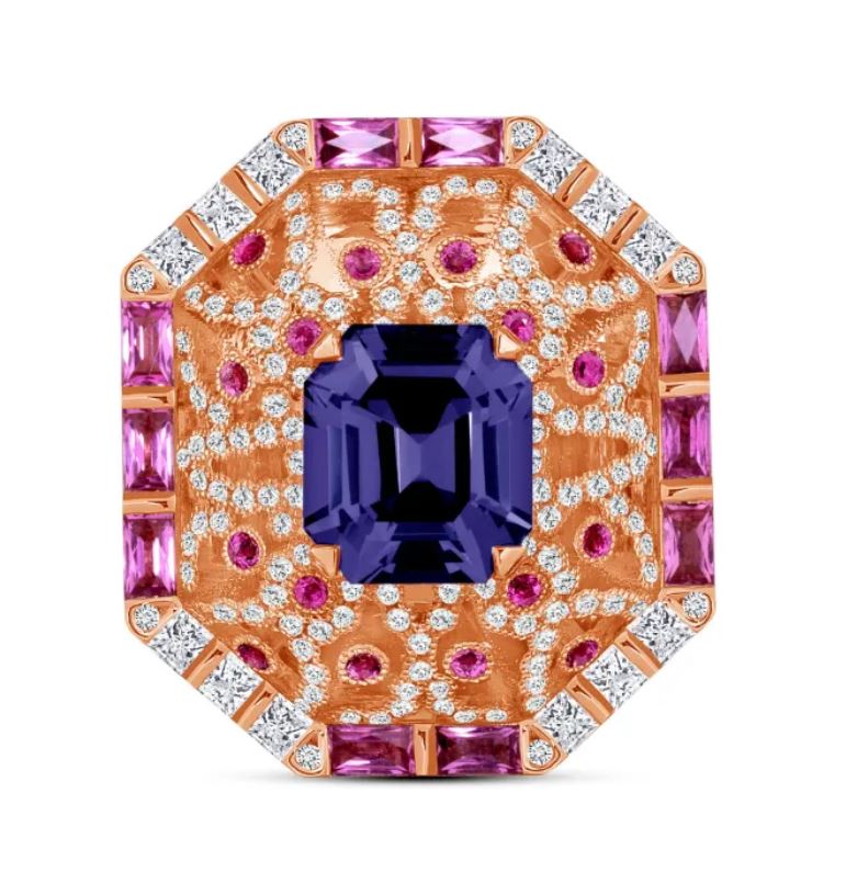 Supplier: Best in Show 18K rose and white gold ring featuring a 4.38 carat untreated Burmese mulberry spinel, Ceylon pink sapphire baguettes (1.82 ctw), Ceylon round pink sapphires (0.73 ctw), round brilliant-cut diamonds (0.97ctw) and princess-cut diamonds (0.62 ctw) Designed by: Raja Mehta AG Gems Los Angeles, CA $30,000
