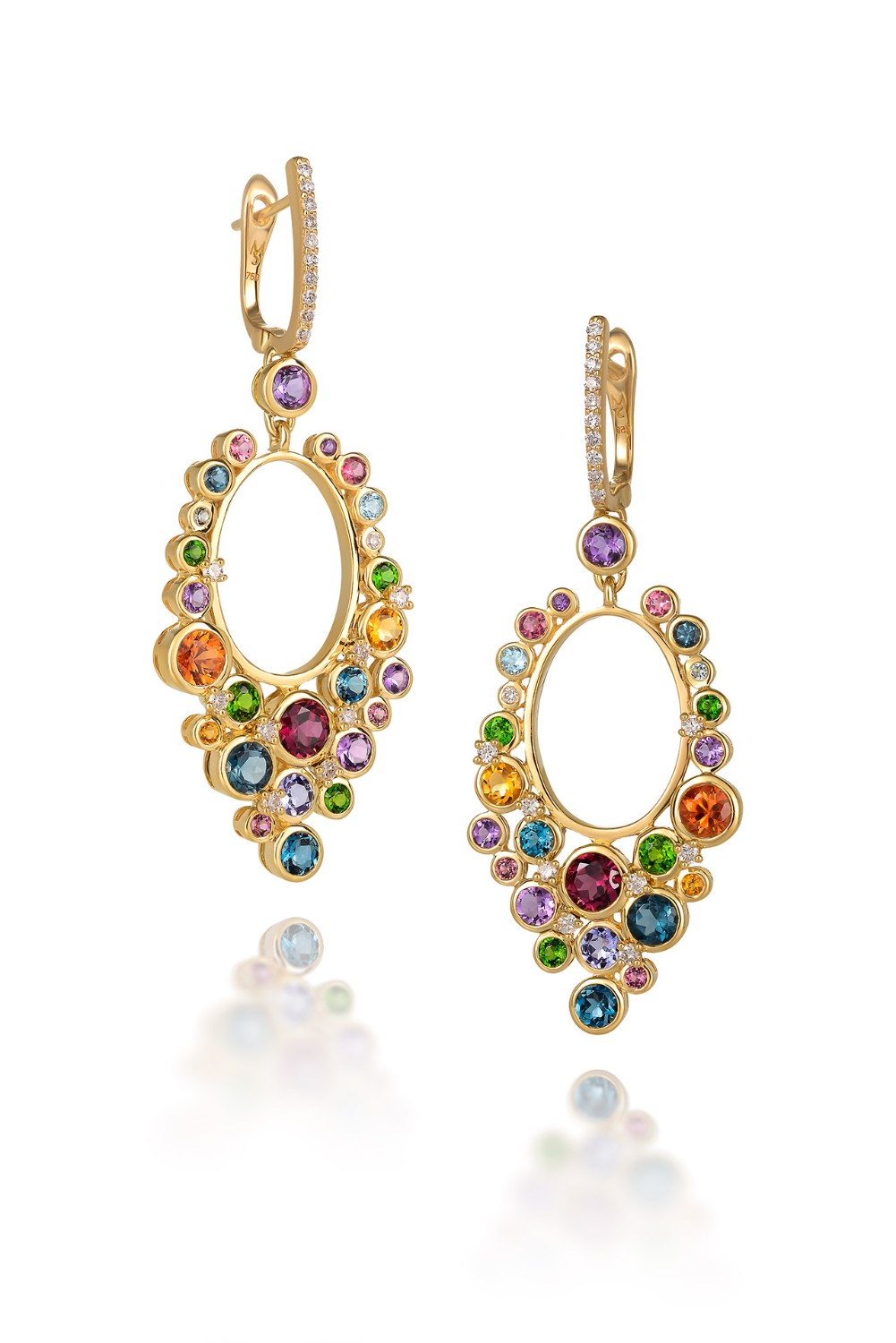 Supplier: Jewelry $2,001 to $5,000 Solstice 2 Earrings in 18K yellow gold with diamonds, spessartite, London blue topaz, citrine, amethyst, Swiss blue topaz, chrome diopside, tanzanite, pink tourmaline and rhodolite garnet Designed by: Martha Seely Martha Seely Design Carlisle, MA $3,910