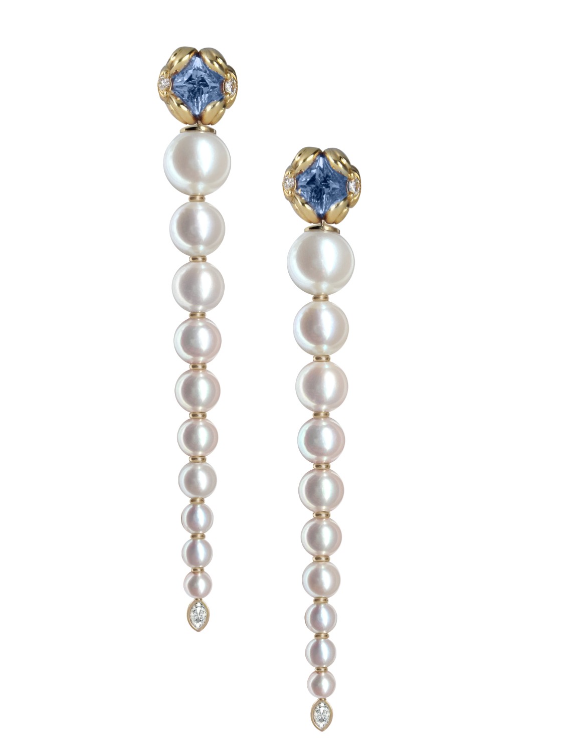 Supplier: Jewelry $5,001 to $10,000 Vive Collection shoulder duster earrings with 20 graduated freshwater pearls, Ceylon sapphires (1.20 ctw) and diamonds (0.26 ctw) set in 18K gold Designed by: Kate Hubley K8 Jewelry Pointe-Claire, Quebec $5,900