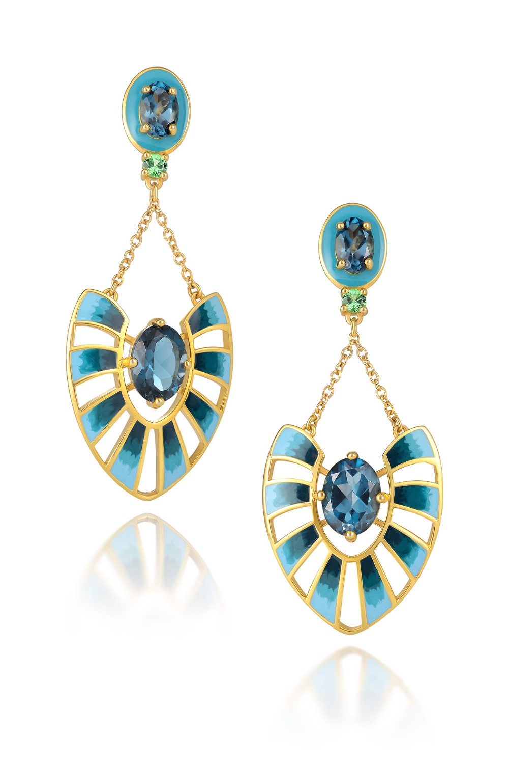Supplier: Jewelry up to $2,000 14K yellow gold dangle earrings with London blue topaz (4.6 ctw), chrome diopside, and enamel Designed by: Martha Seely Martha Seely Design Carlisle, MA $1,995