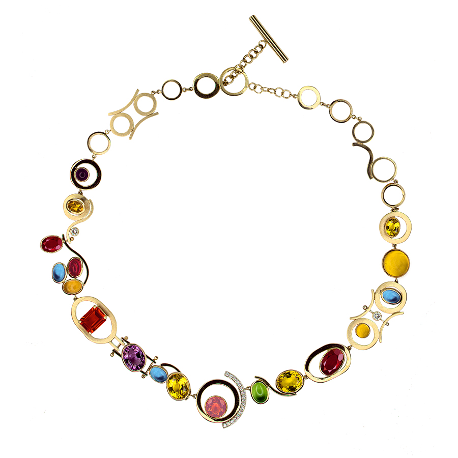 Jewelry $1,001 to $3,000 Handmade 14K gold necklace with gemstones and pavé diamonds Jeweler: Bill Wismar Metal Benders Jewelry Gallery Fairhope, AL