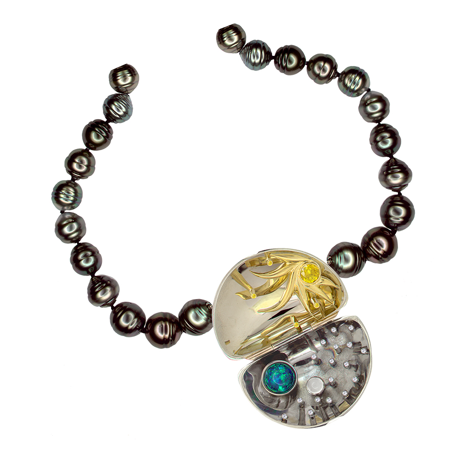 Jewelry $3,001 & Over | Tie Tahitian pearl necklace with oyster-like pendant Jeweler: Randall R. Hurt AVA Goldworks Hannibal, MO
