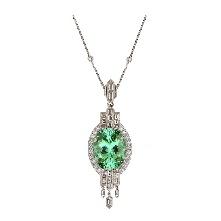Jewelry $3,001 & Over | Tie 14K white gold pendant with a 21.54-carat African cuprian tourmaline Jeweler: Jason Baskin The Gem Vault Flemington, NJ
