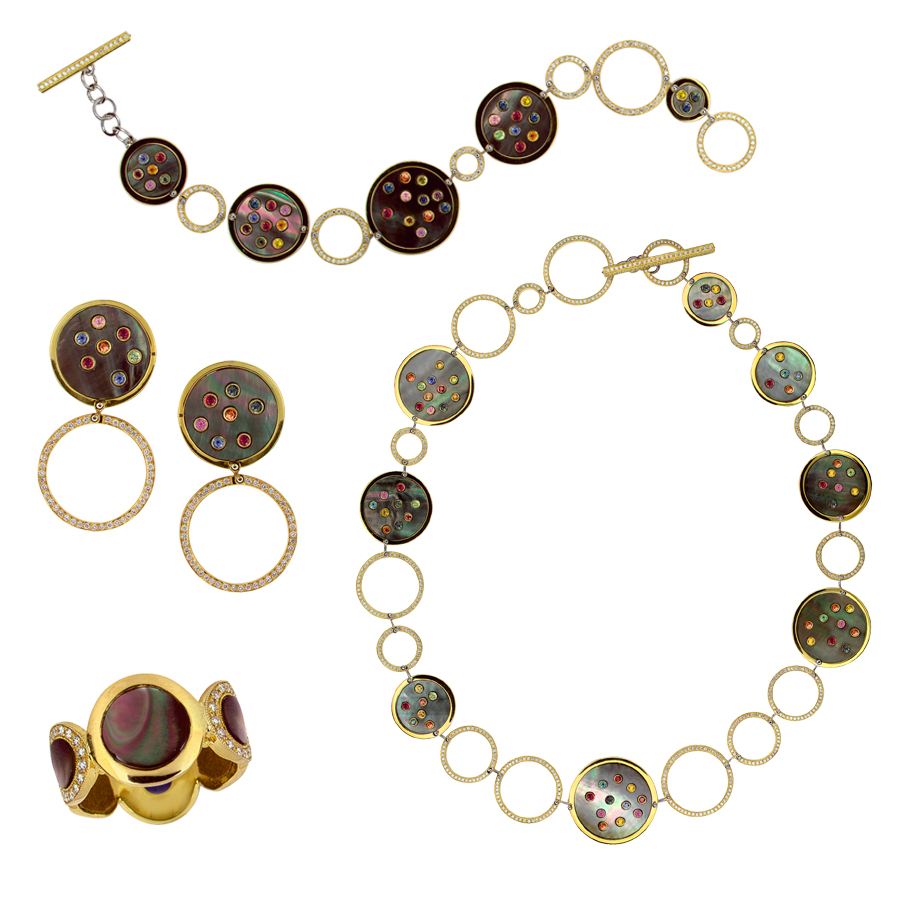 Jewelry $3,001 & Over Handmade jewelry set featuring mother of pearl and multi-colored sapphires Jeweler: Ziad H. Noshie Almaza Jewelers Houston, TX