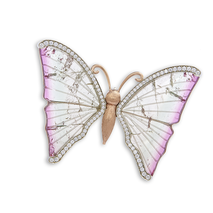 Buyers’ Choice Carved butterfly pin with watermelon tourmaline wings and 84 accent diamonds Jeweler: Kiera Baines Dianna Rae Jewelry Lafayette, LA