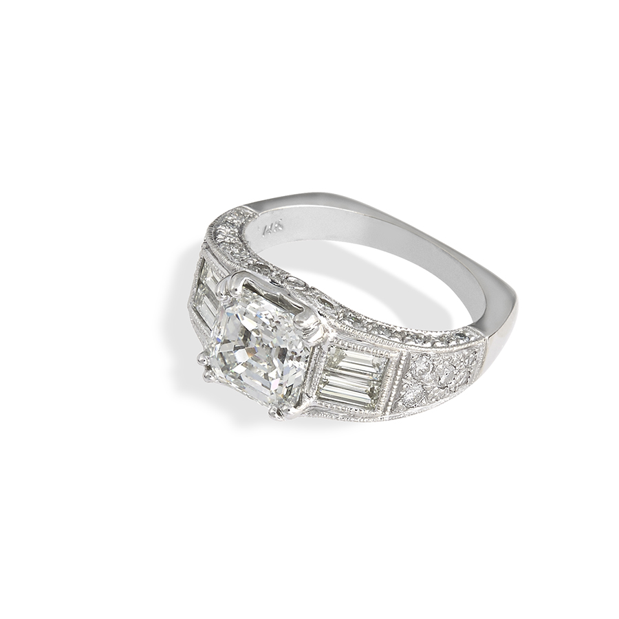 Jewelry Over $10,000 14K gold wedding ring with a 2.02 carat Asscher-cut diamond and 40 baguette & brilliant cut diamonds Jeweler: Lisa Perantoni Khamis Fine Jewelers Indianapolis, IN