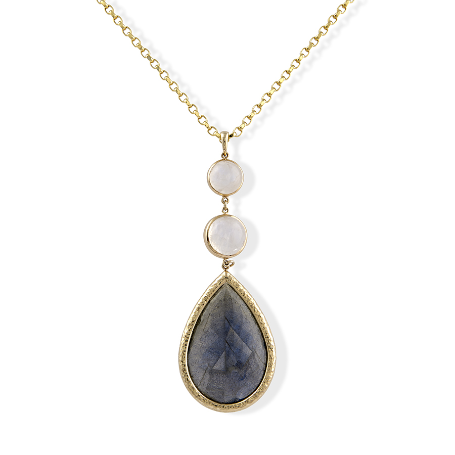 Jewelry to $2,000 18K yellow gold pendant featuring two moonstones and a pear shape labradorite Jeweler: Dianna High Dianna Rae Jewelry Lafayette, LA