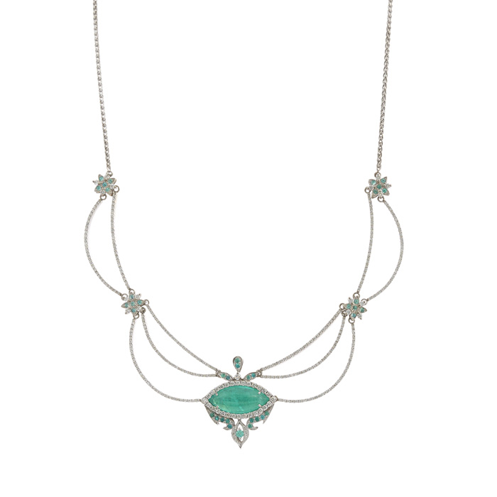 Jewelry $10,001 to $50,000 14K white gold necklace containing a 5.89 marquise shape Brazilian Paraiba Tourmaline cabochon set east/west in prongs and 17 small Brazilian paraibas and surrounded with diamonds. Hand built. MSRP $40,000 Jeweler: Sharon Curtiss-Gal The Gem Vault Flemington, NJ
