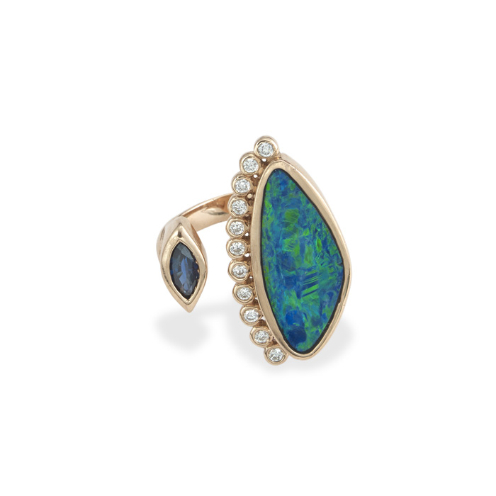 Jewelry $5,001 to $10,000 18K rose gold ring with Black Australian doublet opal, marquise blue sapphire and diamonds. Handmade and hand-engraved. MSRP $5,900 Jeweler: Avalina White & Ivory Leesburg, VA