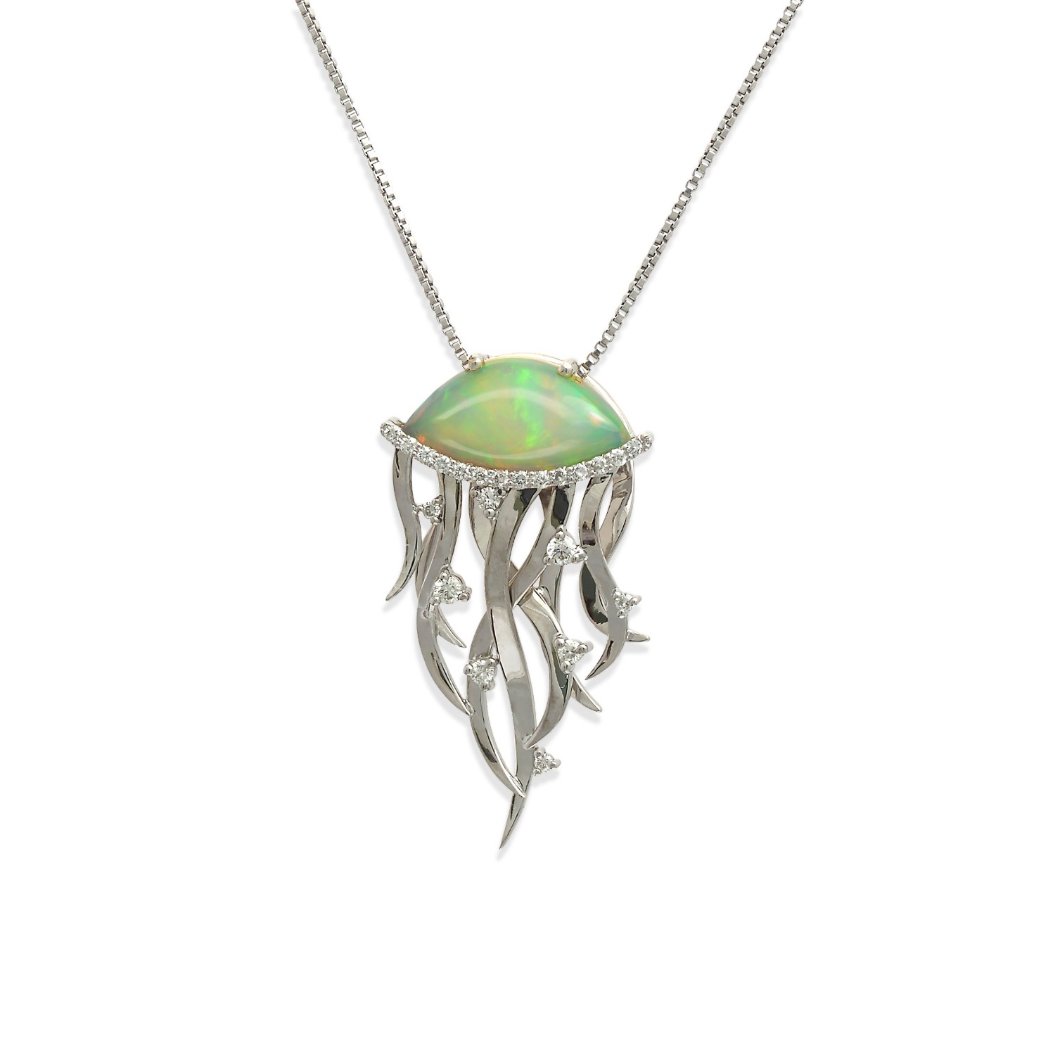 Jewelry to $2,000 A 14K white gold jellyfish pendant featuring an Ethiopian opal (2.12 ctw) with pavé-set and and prong-set diamonds. All hand-built, work completed in-house. MSRP $1,900. Jeweler: Sharon Curtiss-Gal The Gem Vault Flemington, NJ
