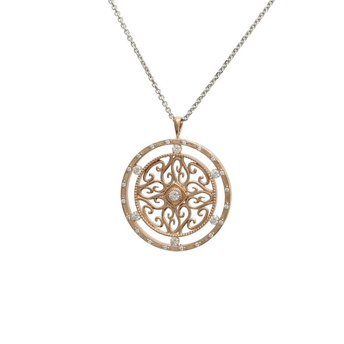 People's Choice Milano© pendant in 14K rose gold with 28 round ideal cut diamonds shown on a 22-inch adjustable cable chain. Designed by Christopher Rankin Christian Caine Design Shepherdstown, WV