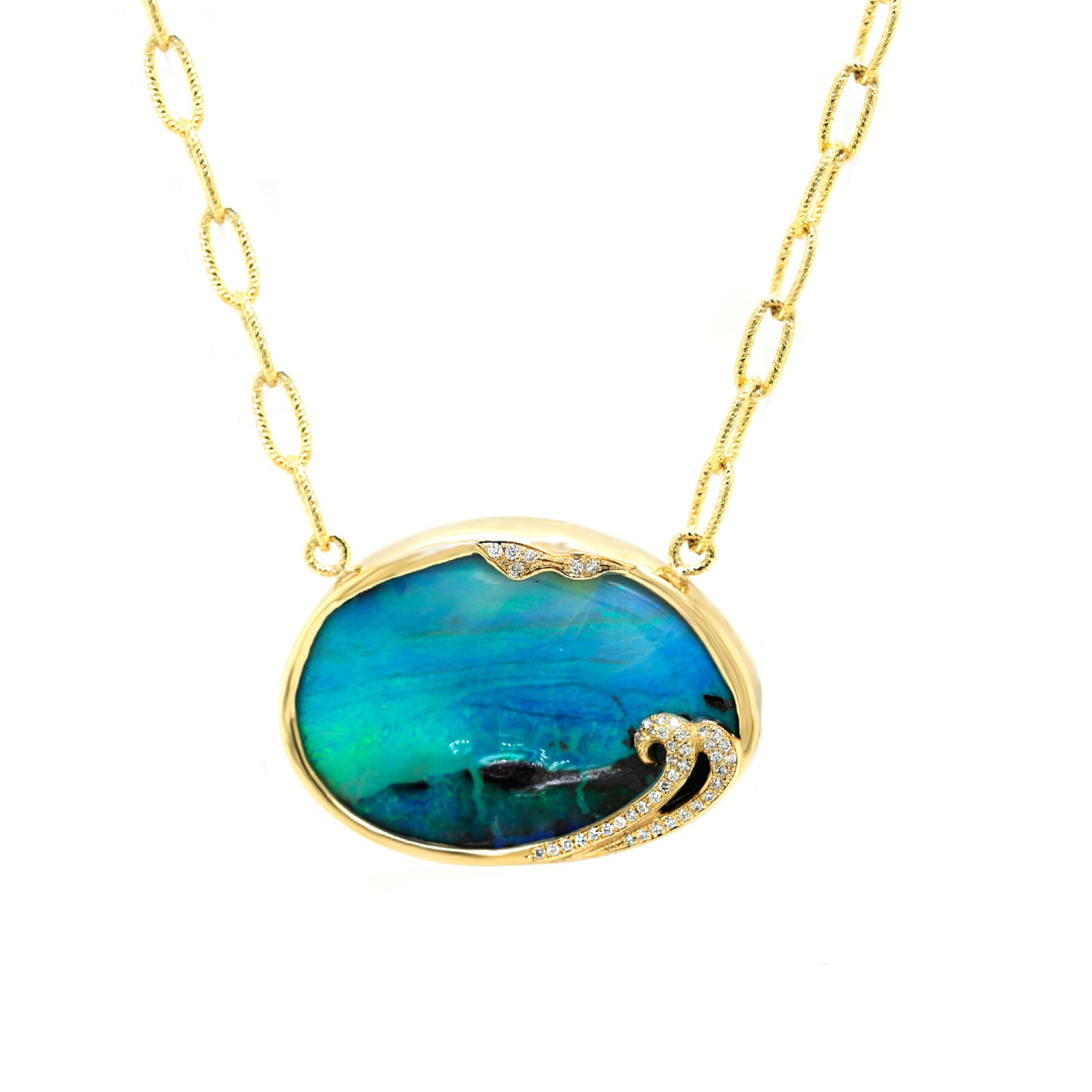 Retailer: Jewelry $2,001-$5,000 14K yellow gold necklace featuring a 78.67 carat Boulder Opal with green-blue and black hues and 42 round natural pavé diamonds. The necklace has a paper clip Italian chain attached on both sides of the stone. Designed by: Ani Babayan and Avi Babayan Avianti Jewelry Designs La Cañada, CA $4,980