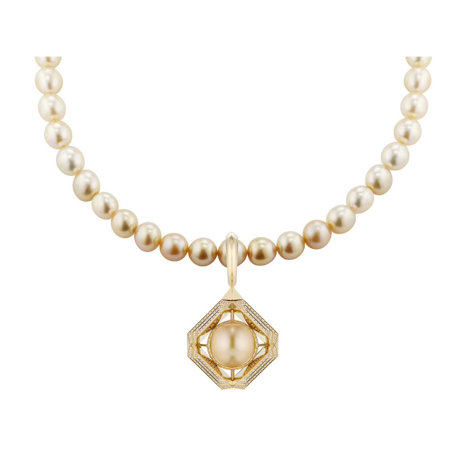 Supplier: Jewelry $5,001 - $10,000 18K yellow gold Guardian Gold Temple Pendant with a central golden South Sea Pearl framed with diamond patterns and on the back, shibori inspired cut out designs in platinum. The back of the pearl is also framed with a cherry blossom motif. The Pendant hangs from a strand of golden ombre 9-11mm South Sea Pearls and 18K clasp with Akoya pearls and diamond pave. Designed by: Sardwell Renisis New York, NY $38,000