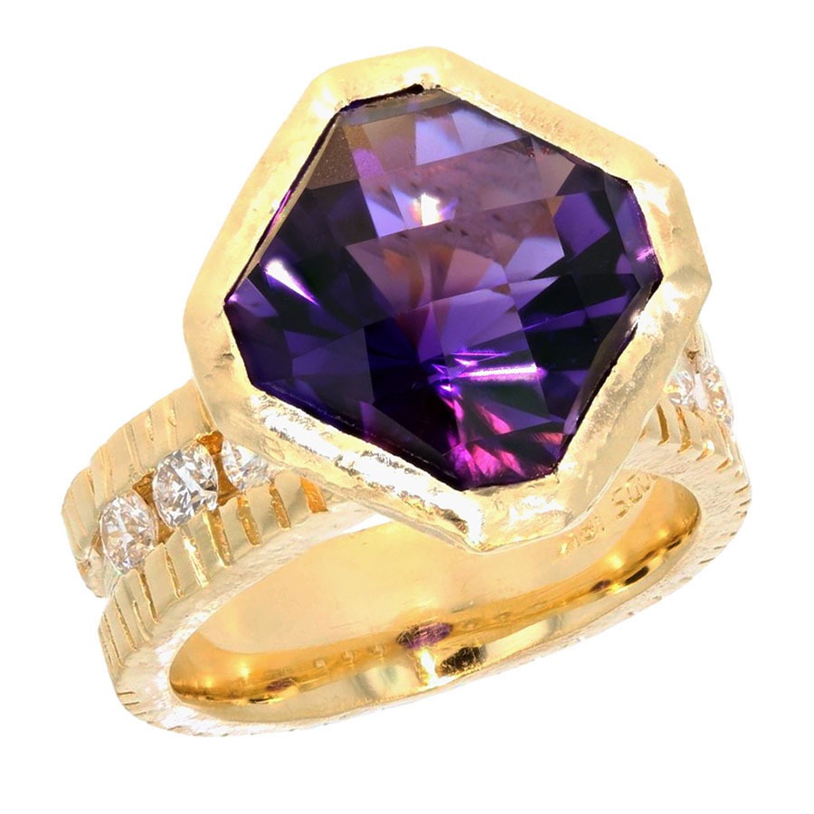 Retailer: Jewelry $2,001 to $5,000 18K yellow gold hand forged ring featuring a 8.17ct square checkerboard amethyst center stone that is bezel set in a compass orientation with 6 channel set diamonds on shank that are all ideally cut (0.54 ctw) Designed by Underwood Design Team Underwoods Fine Jewelers Fayetteville, AR