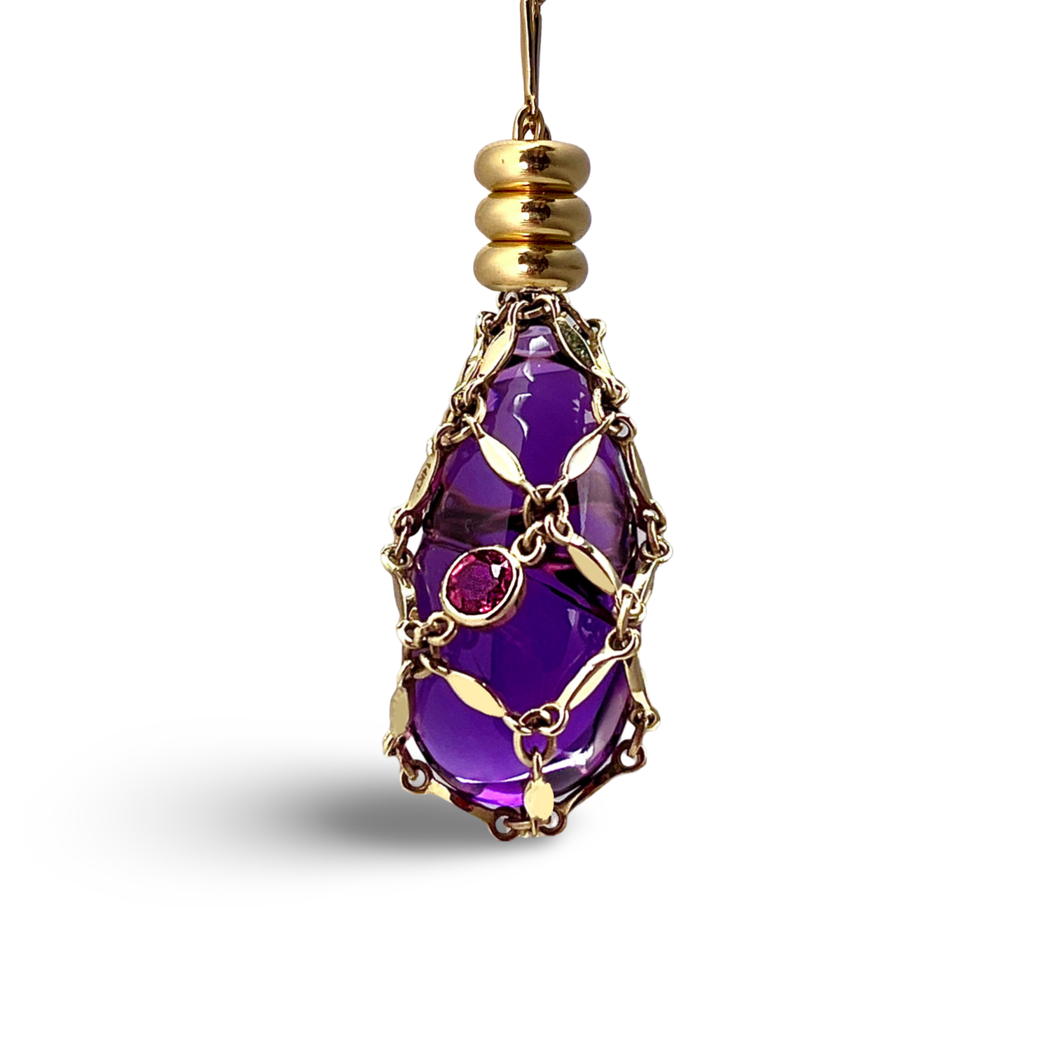 Retailer: Jewelry $5,001 to $10,000 14K yellow gold Petite Elo Modular Convertible necklace featuring a 38.25 ct removable amethyst and a round bezel set natural rubellite on the mesh cradle (0.25 ctw) Designed by Renata Cambauva and Lapidary Artist Brian Cook Hey Babe LA Novato, CA
