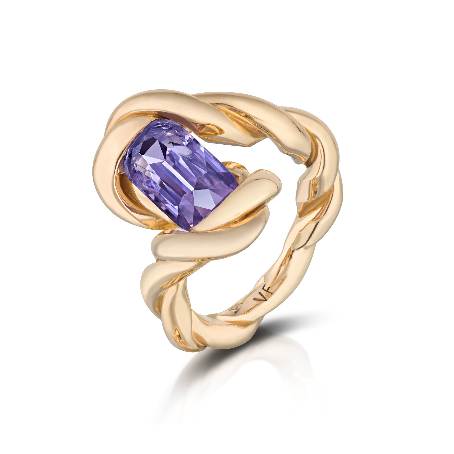 Supplier: Jewelry $10,001 to $50,000 Hand-crafted one-of-a-kind 18K yellow gold ring featuring an elongated cushion cut Vietnamese lavender spinel (3.04 carat) The setting is a hand carved 18k yellow gold casting with no prongs. Designed by Vanessa Fernández Vanessa Fernández Studio Miami, FL
