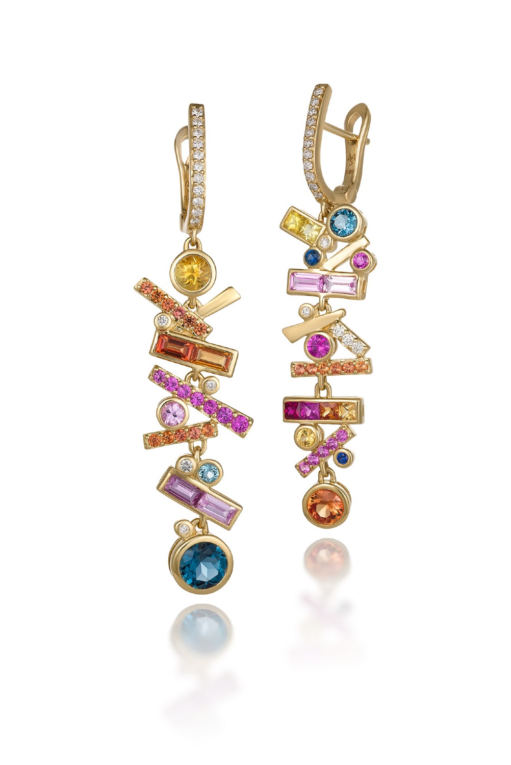 Supplier: Jewelry $2,001 to $5,000 Falling Stars long earrings in 18K yellow gold with diamonds (.242 ctw), multi-color sapphires (3.11 ctw), London blue topaz, Swiss blue topaz, and pink tourmaline Designed by Martha Seely Martha Seely Design Carlisle, MA