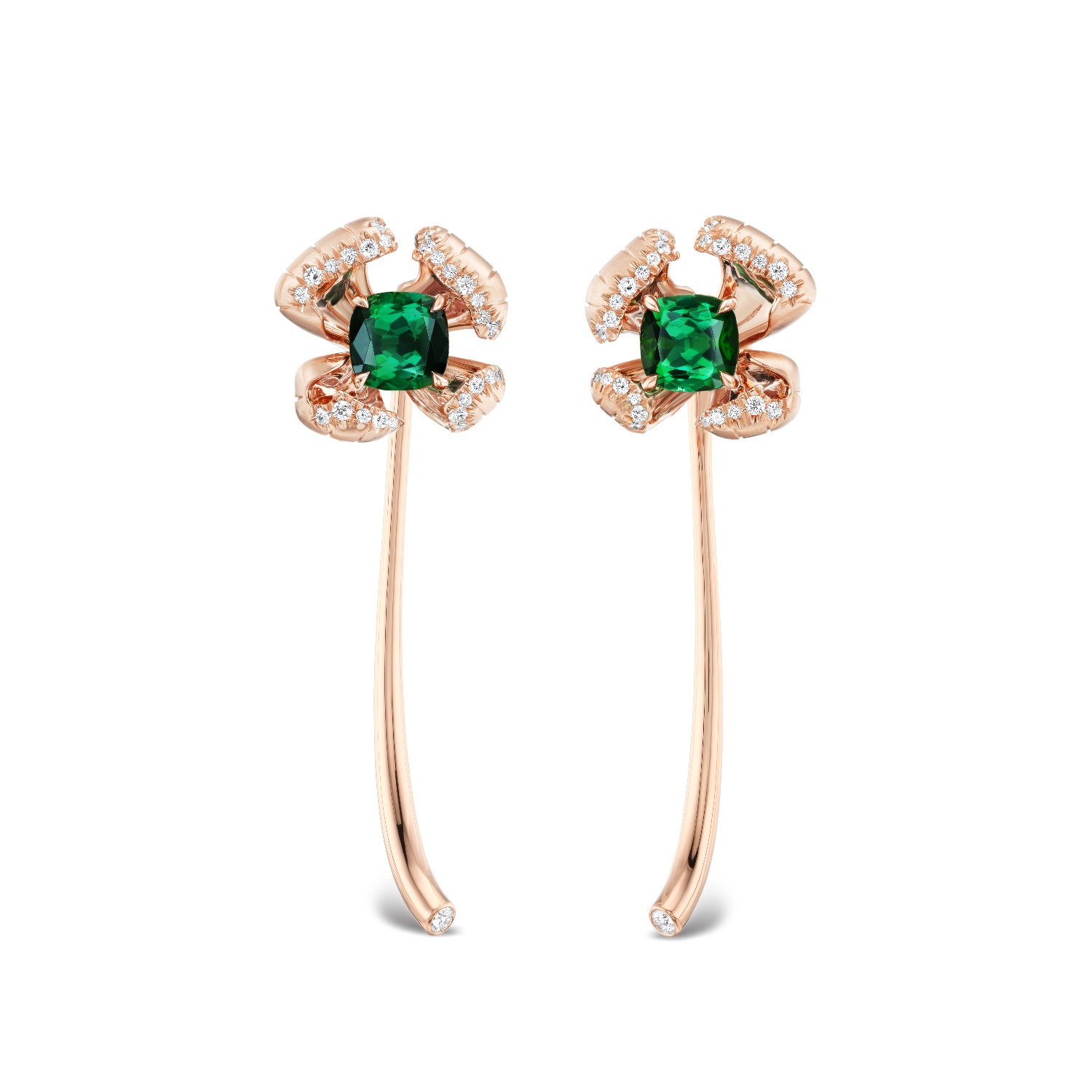 Supplier: Jewelry $10,001-$20,000 18K rose gold convertible earrings with cushion-cut green tourmalines (4.00 ctw total) and pavé diamond petals; can be worn as tourmaline studs, flower studs or with gold and diamond stem attachments Designed by Lindsey Scoggins Lindsey Scoggins Studio New York, NY