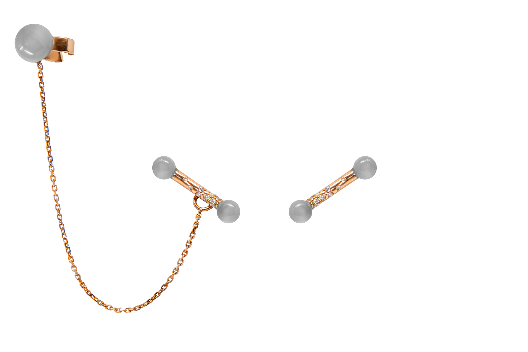 Supplier: Jewelry up to $5,000 18K rose gold earrings with cabochon grey moonstones and diamonds (0.12 ctw); includes removable cuff with carved grey moonstones Designed by Benedicte de Boysson Benedicte de Boysson Miami, FL