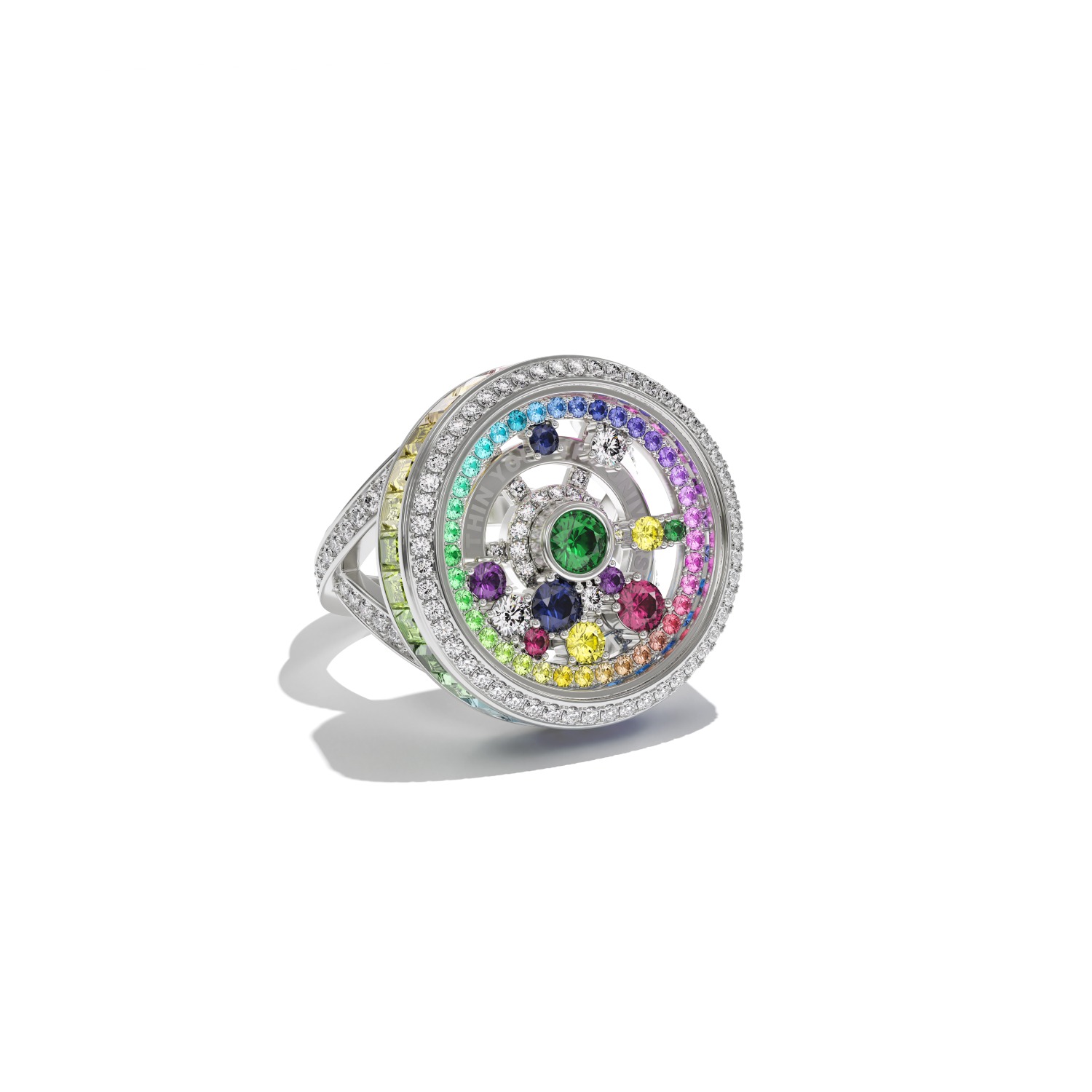 SUPPLIER: $5,001-$10,000 "The Universe Lives Quietly Within You” ring in 18K white gold featuring natural baguette cut sapphires (2.58 ctw), natural round sapphires (0.74 ctw), natural round tsavorites (0.28 ctw), and natural diamonds (0.97 ctw) Olga Shatrova Designed by Olga Shatrova Irvine, CA