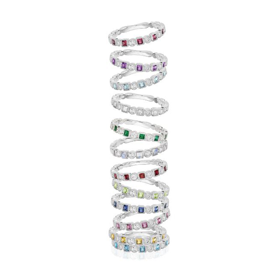Artistry gemstone and diamond stackable rings in 14K white gold