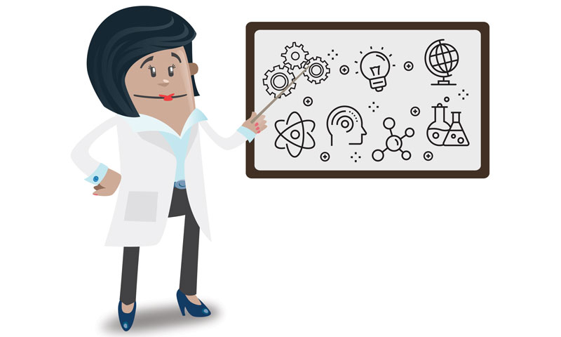 female scientist at whiteboard art