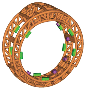Final spruing system for framework platinum ring, with 19 sprues shown in purple and green.