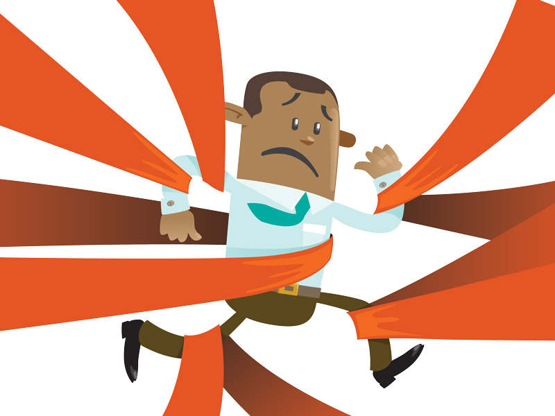 Illustration of a man trapped by ribbons