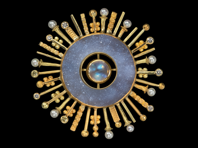 Judith Kaufman’s druzy and moonstone brooch